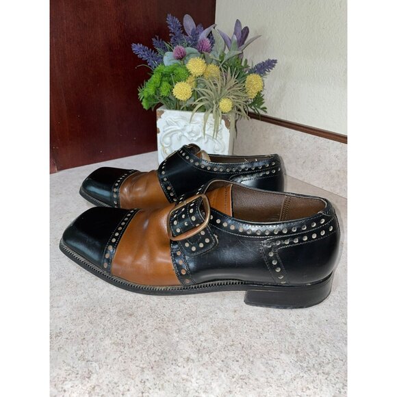 Vintage Handmade Two-Tone Leather Studded Monk Strap Dress Shoes Black & Brown - Picture 6 of 11